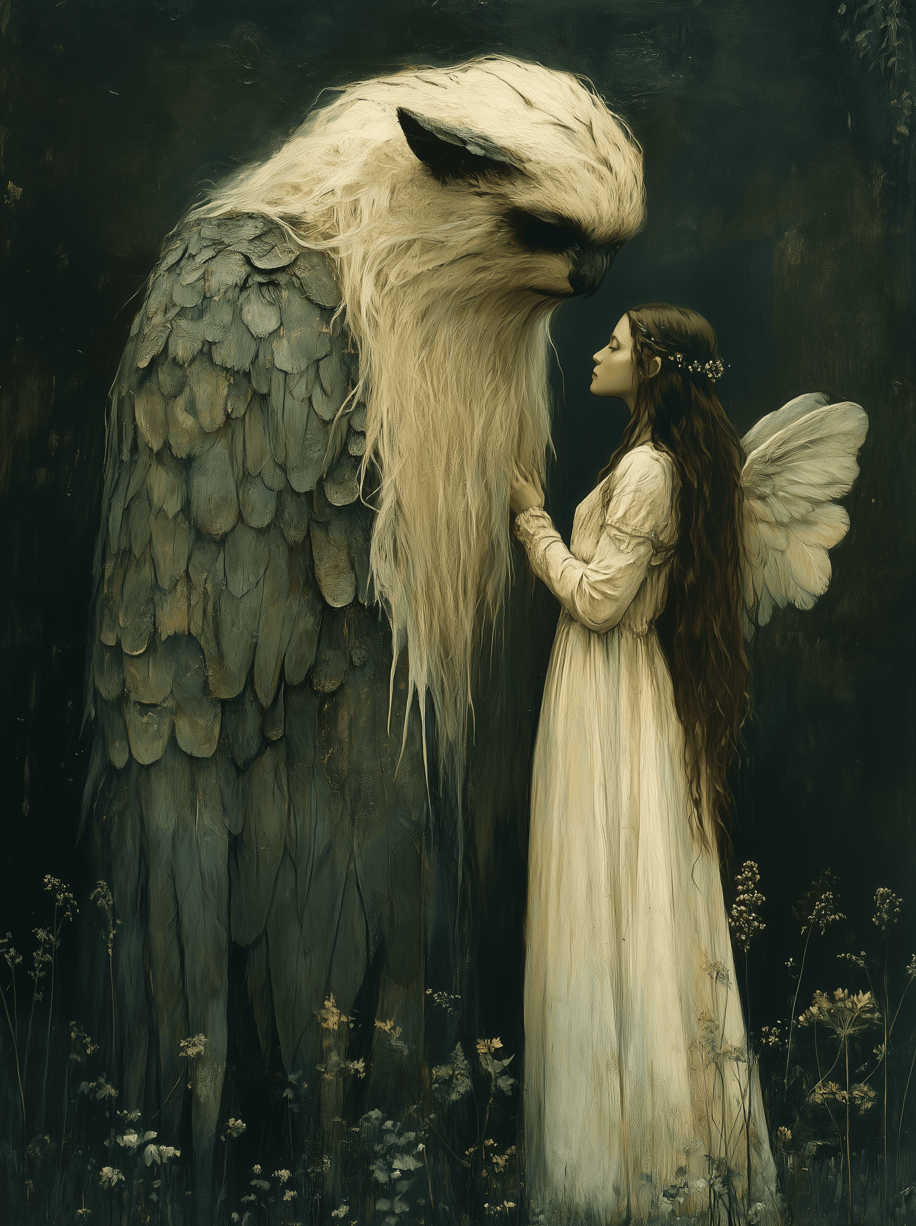 AI generated: An anthropomorphic creature with bird-like feet, long white hair, and cat ears is accompanied by an ...