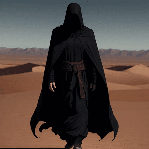AI generated: Mysterious figure in striking cloak walking through the desert
