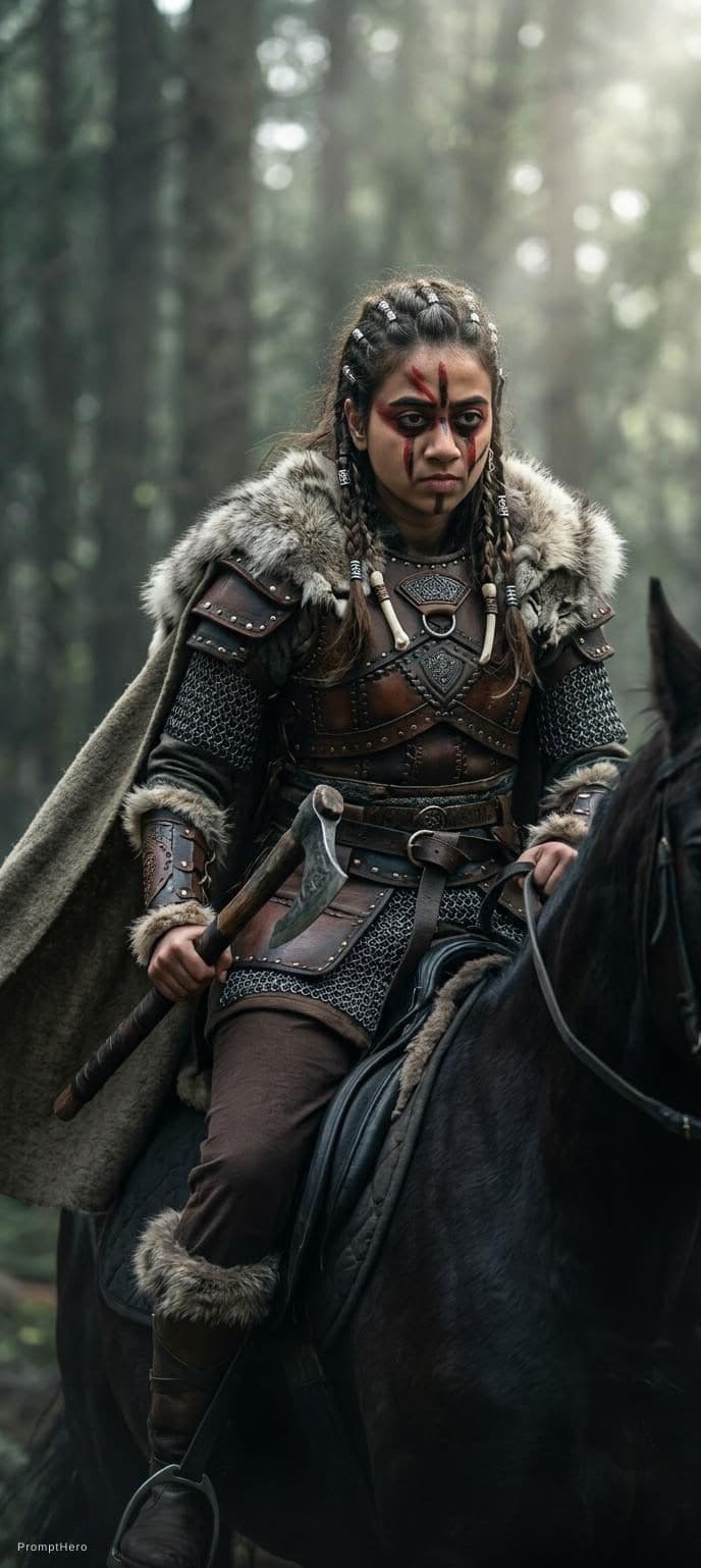 AI generated: A fierce Viking warrior woman riding a powerful black stallion through a dense, misty forest; her lo...