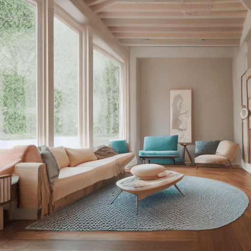 AI generated: High resolution photography interior design, dreamy sunken living room conversation pit, wooden floo...