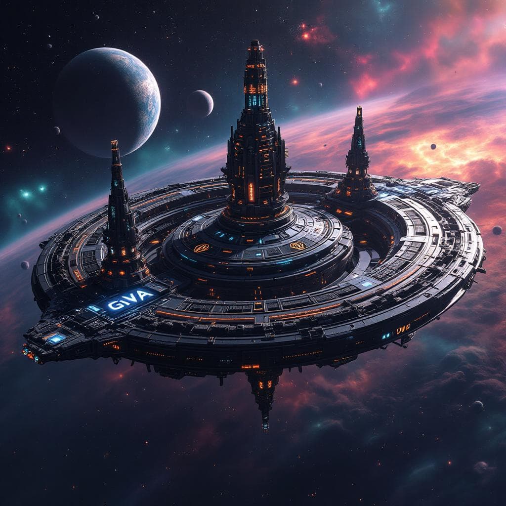 AI generated: Imagine, in detail, an alien multi-tiered space station to show a new design. An alien orbital super...