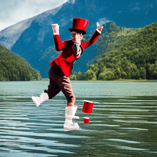 AI generated: drunk four legged Juggler without beard in shorts and jacket with dark green and scarlet red stripes...