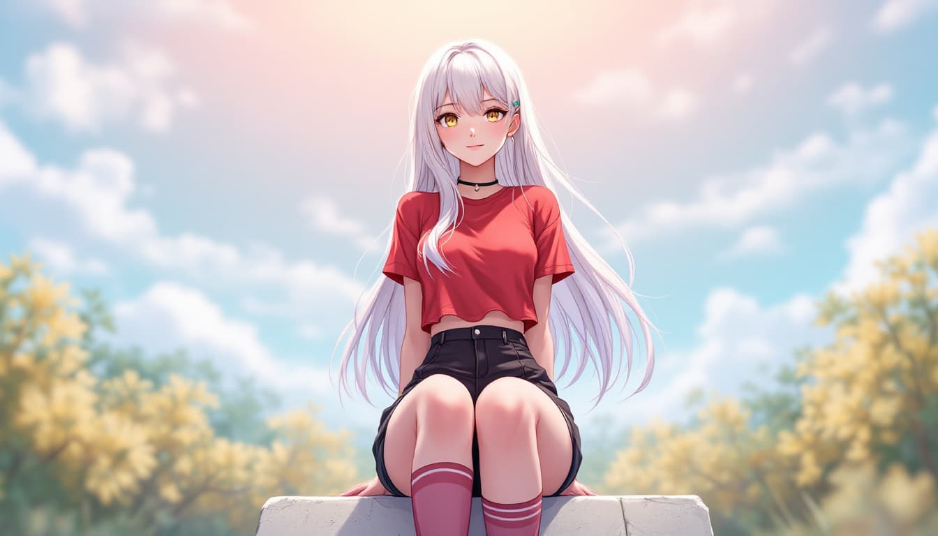 AI generated: high quality, 1lady, 25 years old, gold eyes, long white hair, fade, outdoors, red-top, black short-...