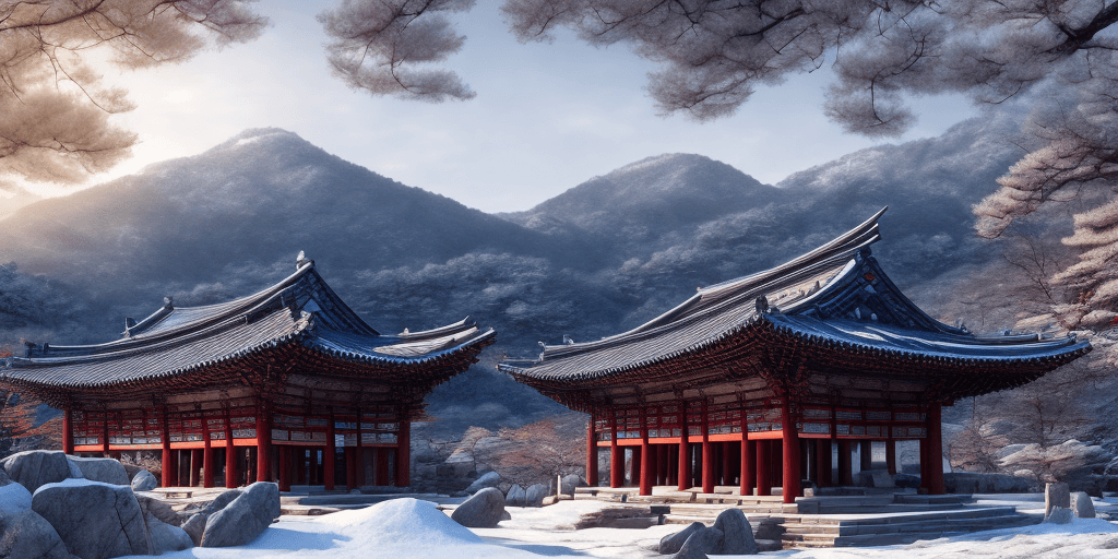 AI generated: KOREA TEMPLE,cinematic shot,winter,mountains, 8k ultra hd, magical, mystical,hyper realistic natural...