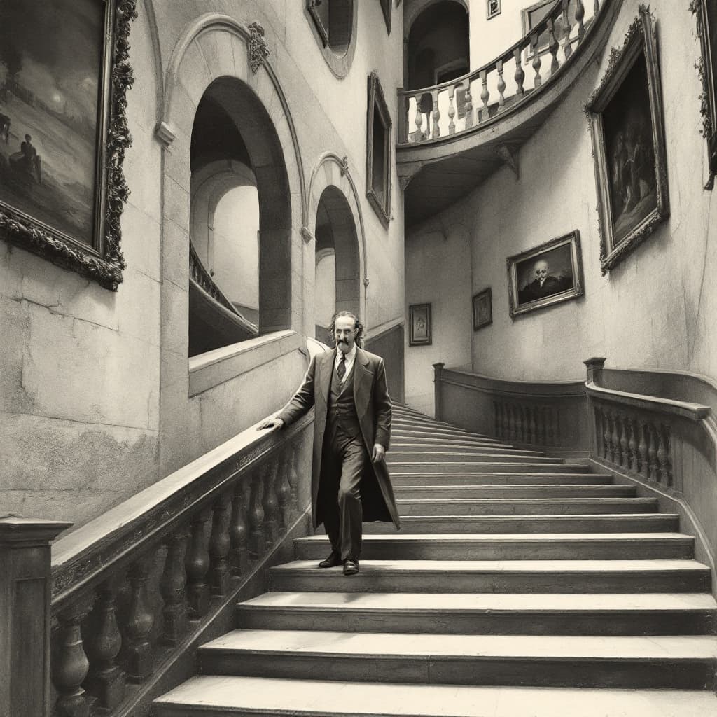 AI generated: Salvador Dalí walking on the staircases in the painting "Relativity" by M.C. Escher.