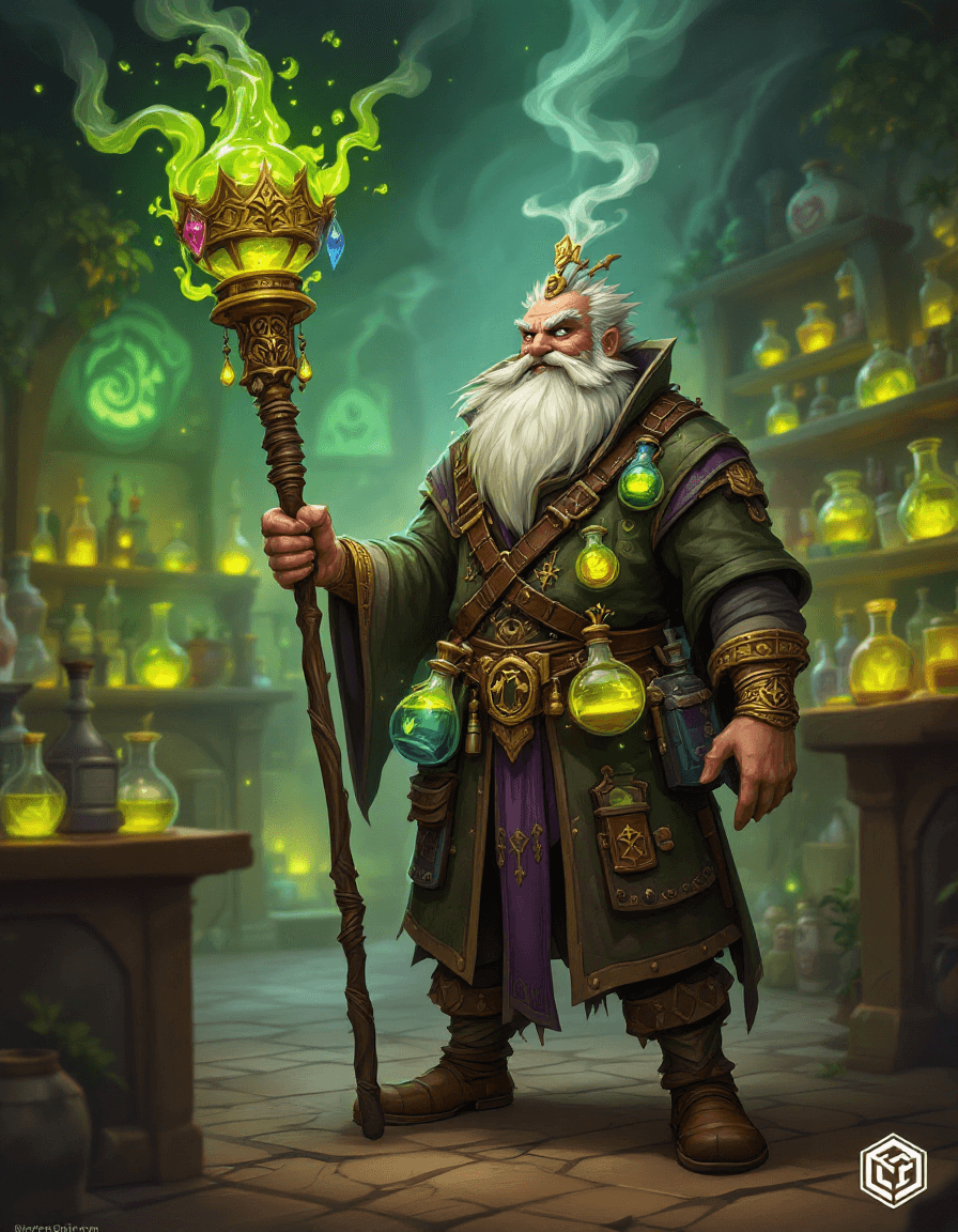 AI generated: "Create a concept art for Feron, Master of Elixirs, a brilliant and eccentric alchemist skilled in c...