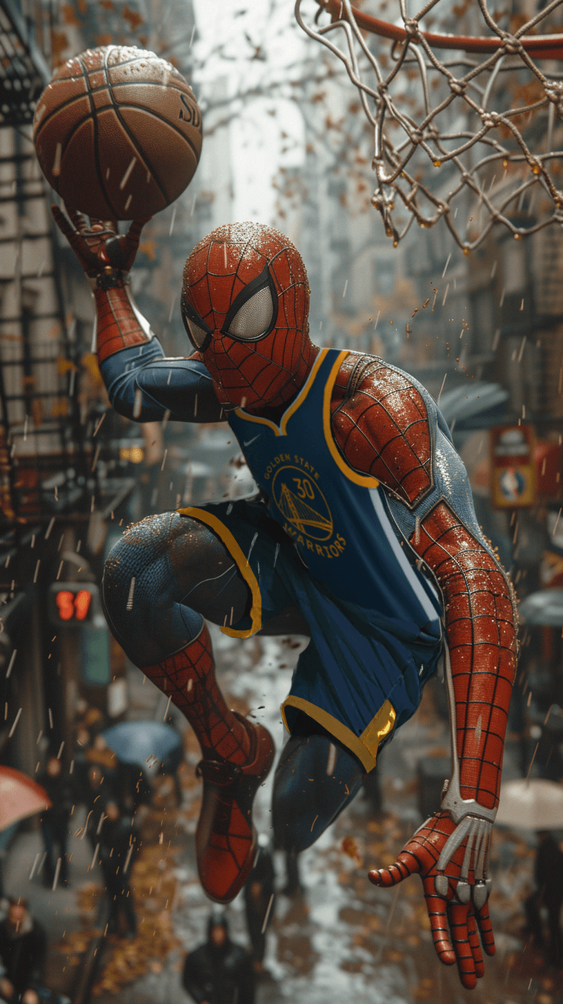AI generated: 
Marvel's Spiderman playing basketball, he is jumping to dunk on the hoop wearing the Golden State ...