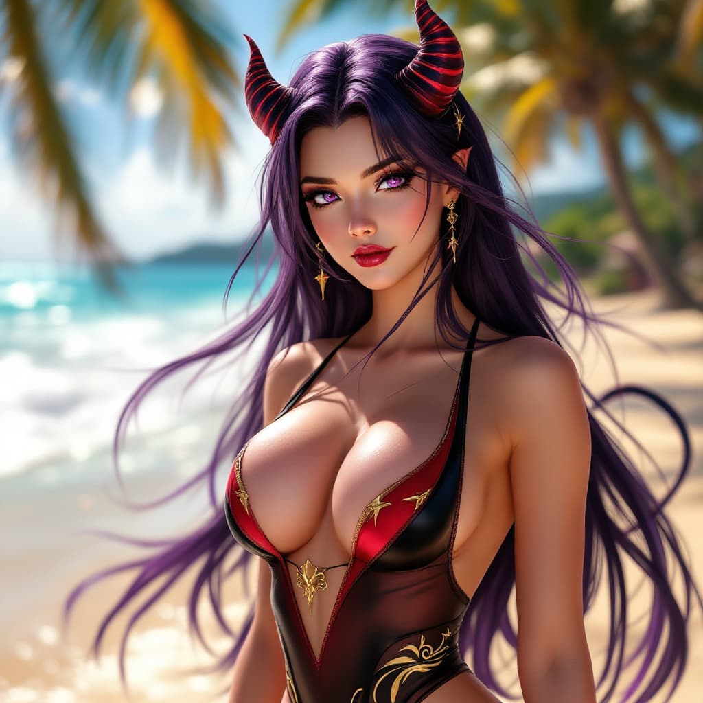 AI generated: "A stunning anime-style demon woman with long, flowing dark purple hair and piercing violet eyes, st...
