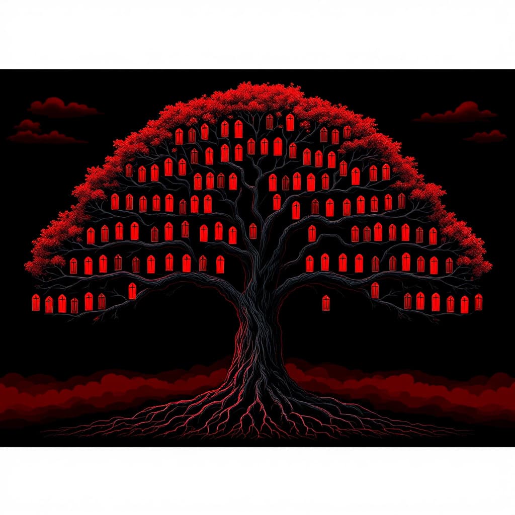AI generated: Combine the tree of life with organized crime chart without faces or names. Make the tree look ultra...