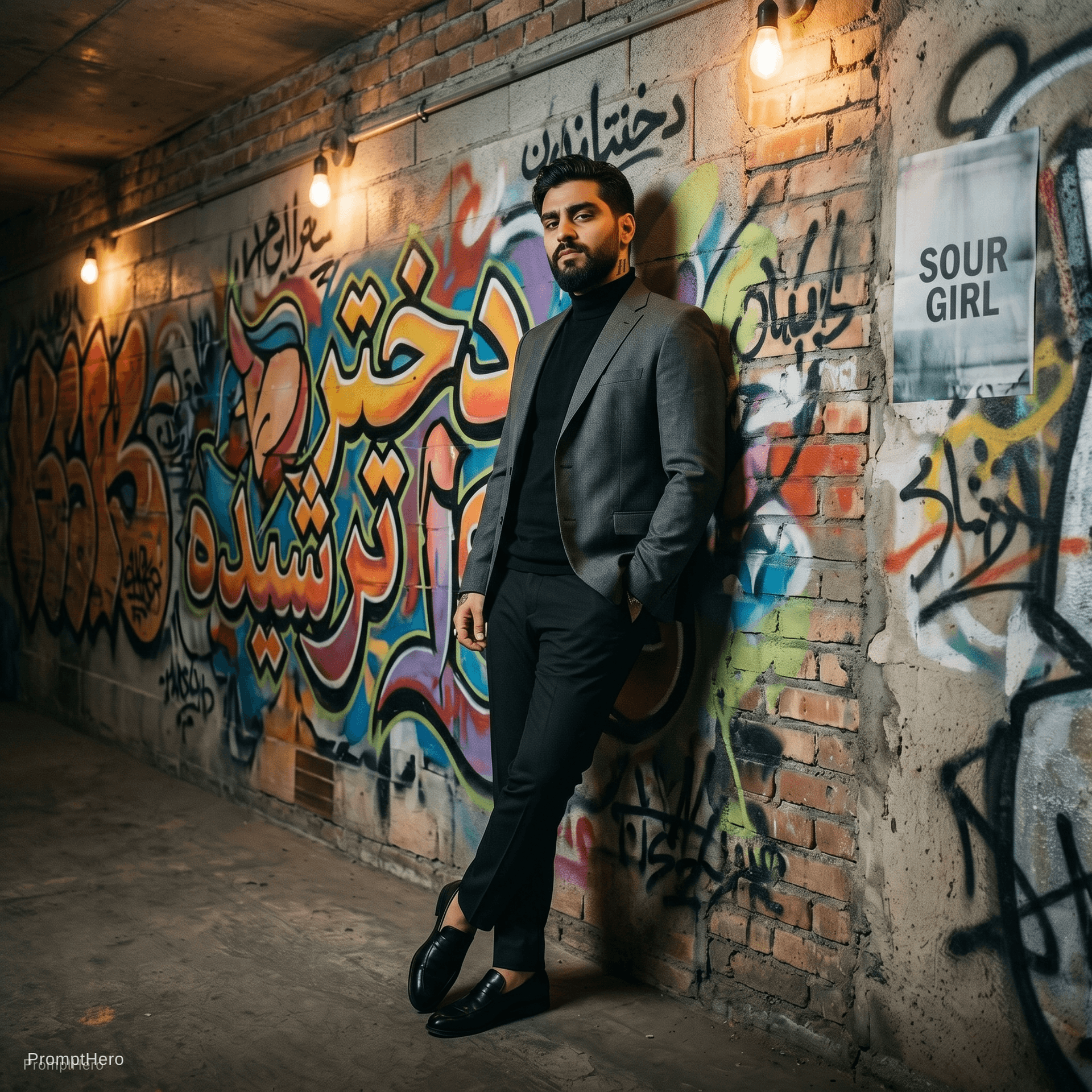 AI generated: Rap album cover, "Sour Girl". A sharp-dressed male rapper leaning against a graffiti-covered wall in...