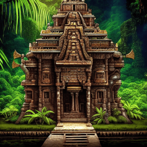 AI generated: An masterpiece photo of a (intricate ancient temple:1.2), hidden deep within the dense jungle inside...