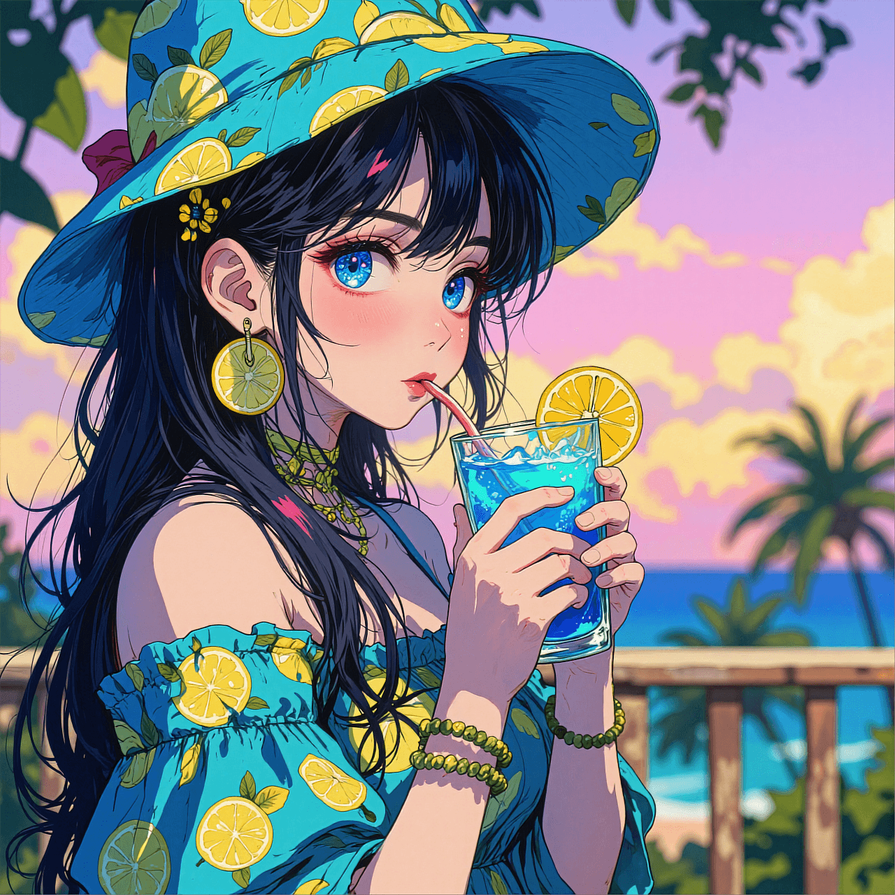 AI generated: A vibrant, vertical anime illustration of a beautiful girl with sparkling blue eyes sipping a drink....