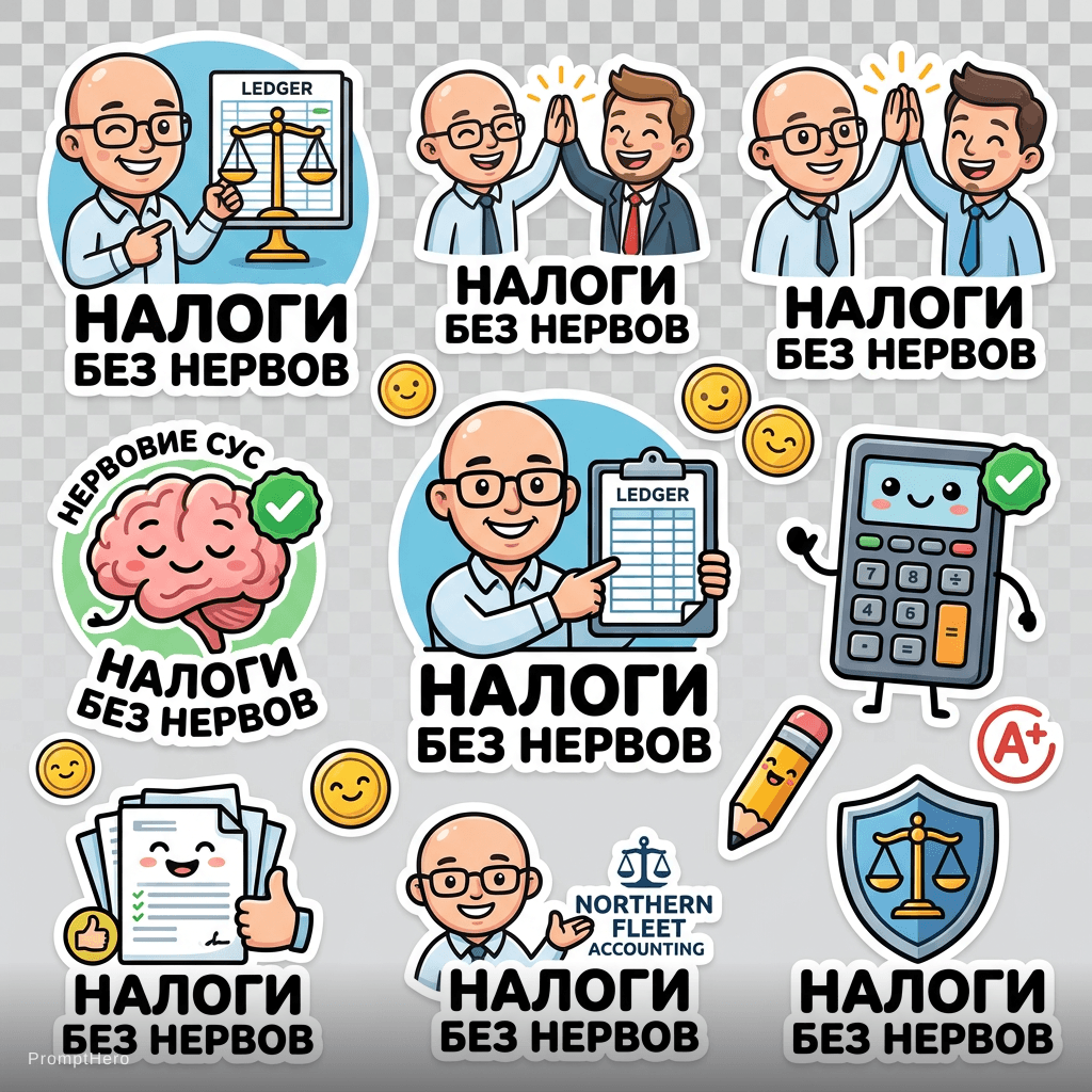 AI generated: Stickers with the logo of an accounting firm, text in Russian: Taxes Without Nerves - Налоги Без Нер...