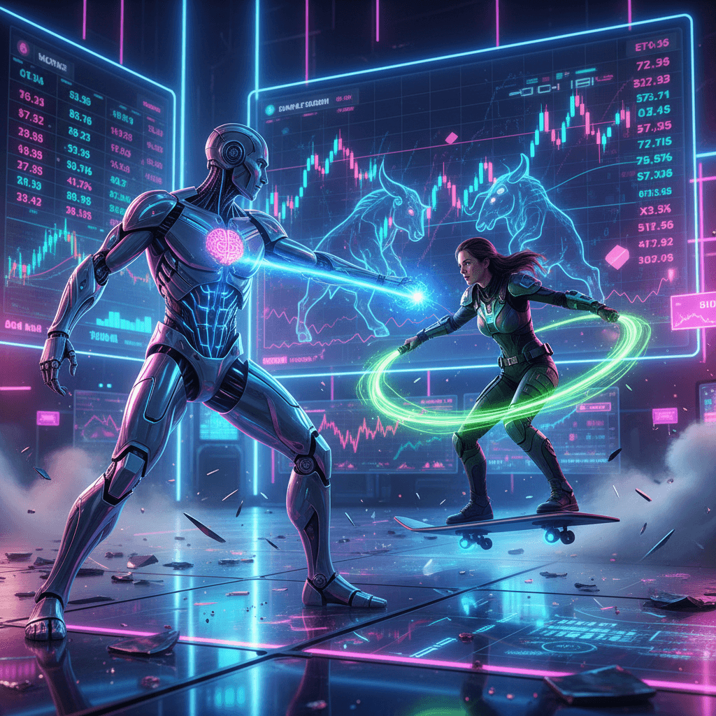 AI generated: A dramatic neon-lit battle scene between a glowing robot with an AI brain and a woman on a futuristi...
