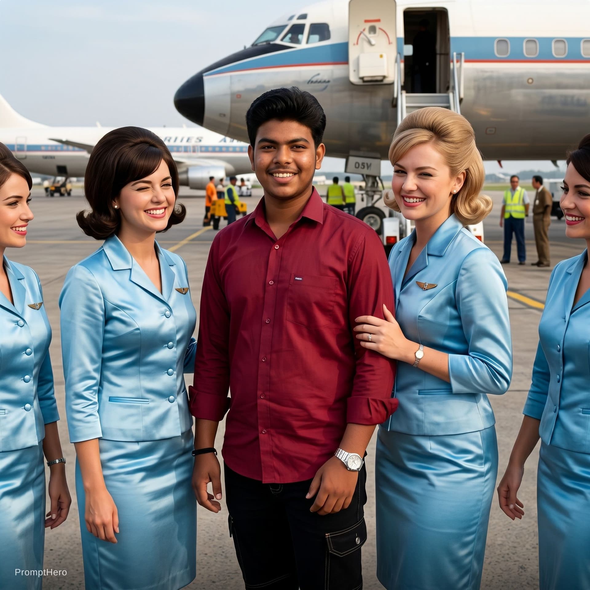 AI generated: (photo of a hot stewardess posing for playboy magazine), (breathtaking:1.58), ((wearing light blue s...