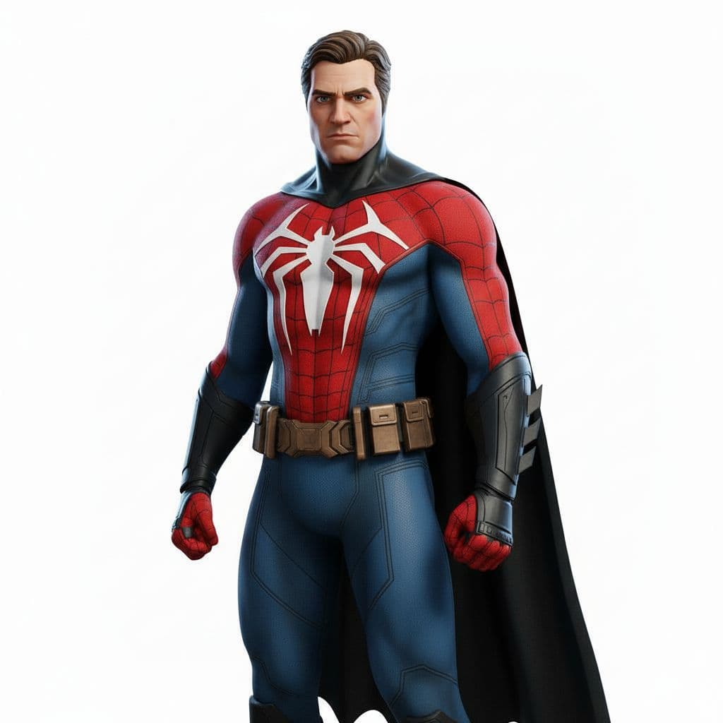 AI generated: realistic style, glazed 4D render (extremely detailed CG), Batman Wear Spiderman Suit totally, Batma...
