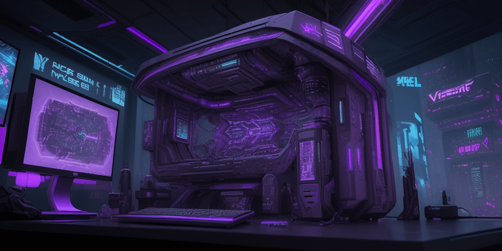 AI generated: gaming setup, sci-fi, cyberpunk, extremely futuristic, violet, dark, hyper-intricate, hyper detailed...