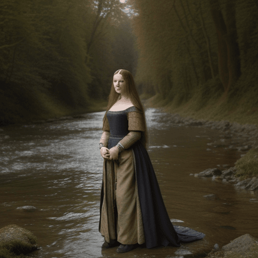 AI generated: A beautiful portait of a medieval woman, full body, long hair, standing by the river in the forest