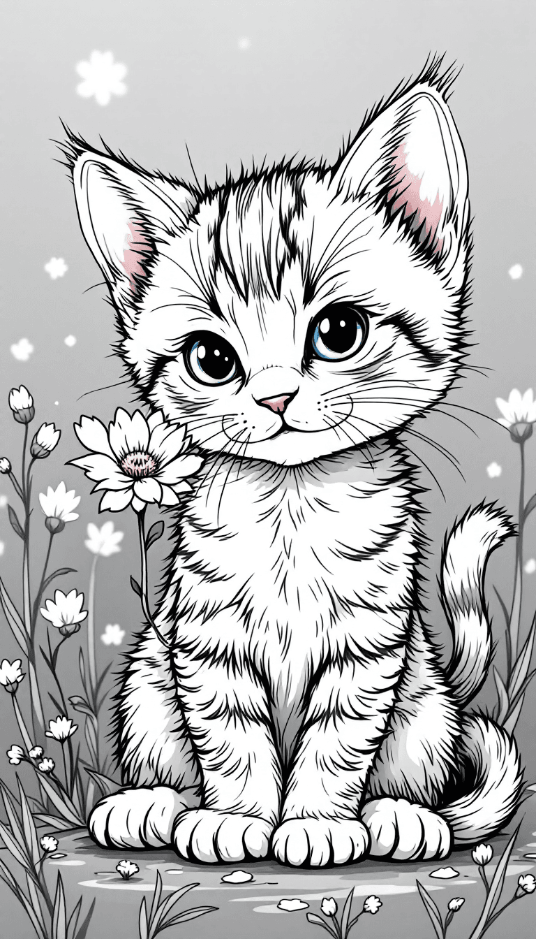 AI generated: mucha1 illustration, coloring book page of cute kitten with flower, (((Only solid black outlines))),...
