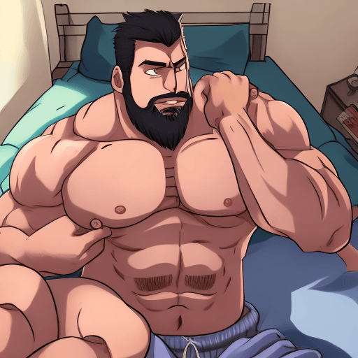 AI generated: Bara, father figure, bedroom, anime, shirtless, muscular, underwear, towering over, on bed, looking ...