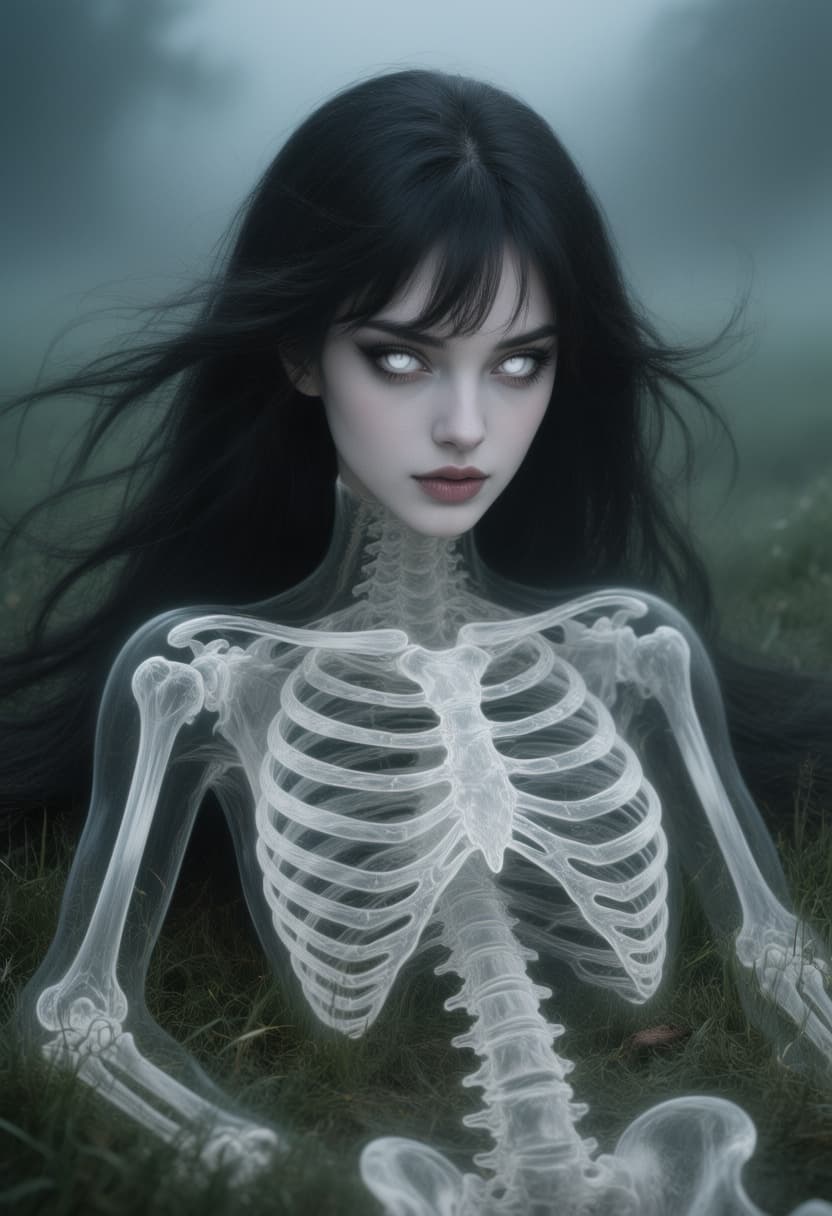 AI generated: create a portrait of a beautiful striking girl, laying on grass behind a dark foggy green scenery th...