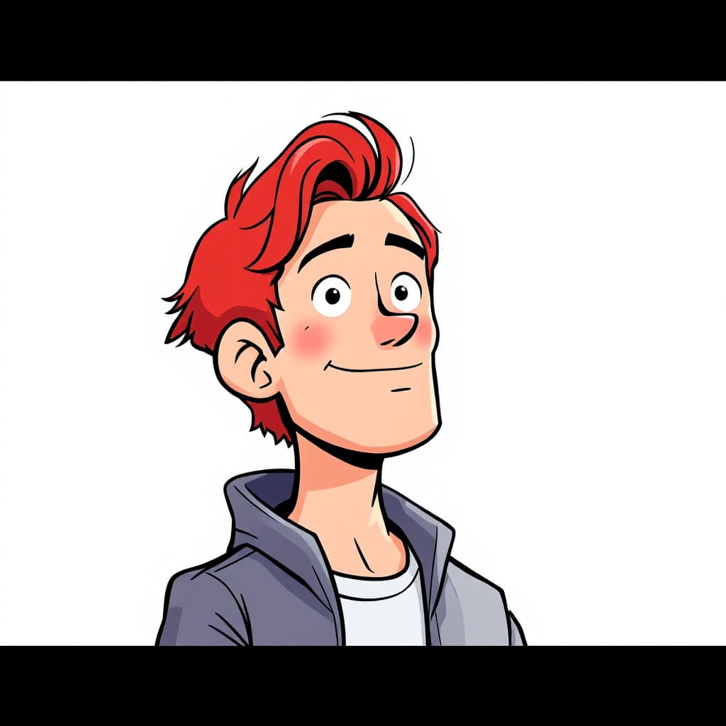 AI generated: a simple cartoon of a man, white background, red hair --ar 1:1 