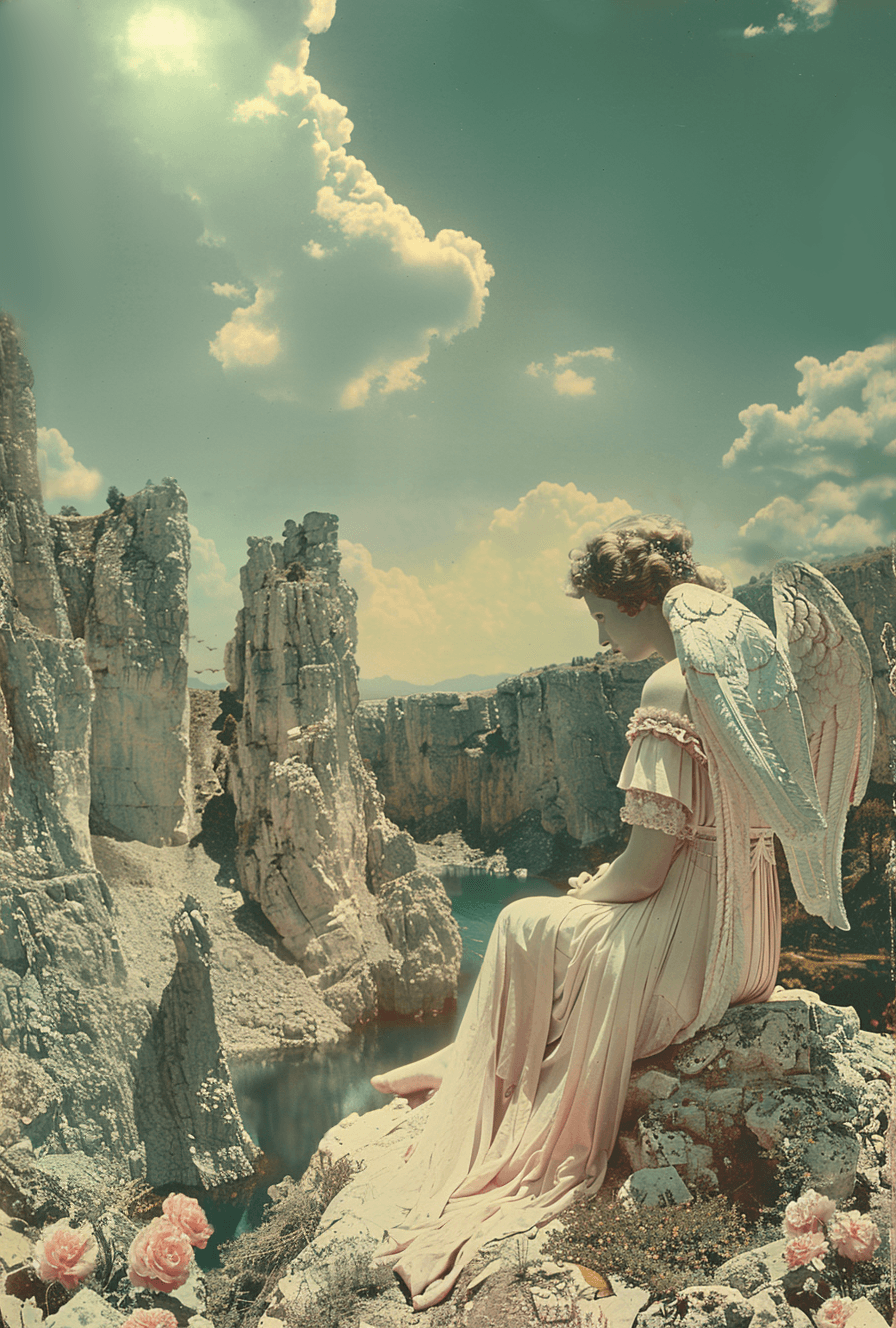 AI generated: an ornate image of an angel sitting atop a rocky mountain, in the style of iconic album covers, ps1 ...