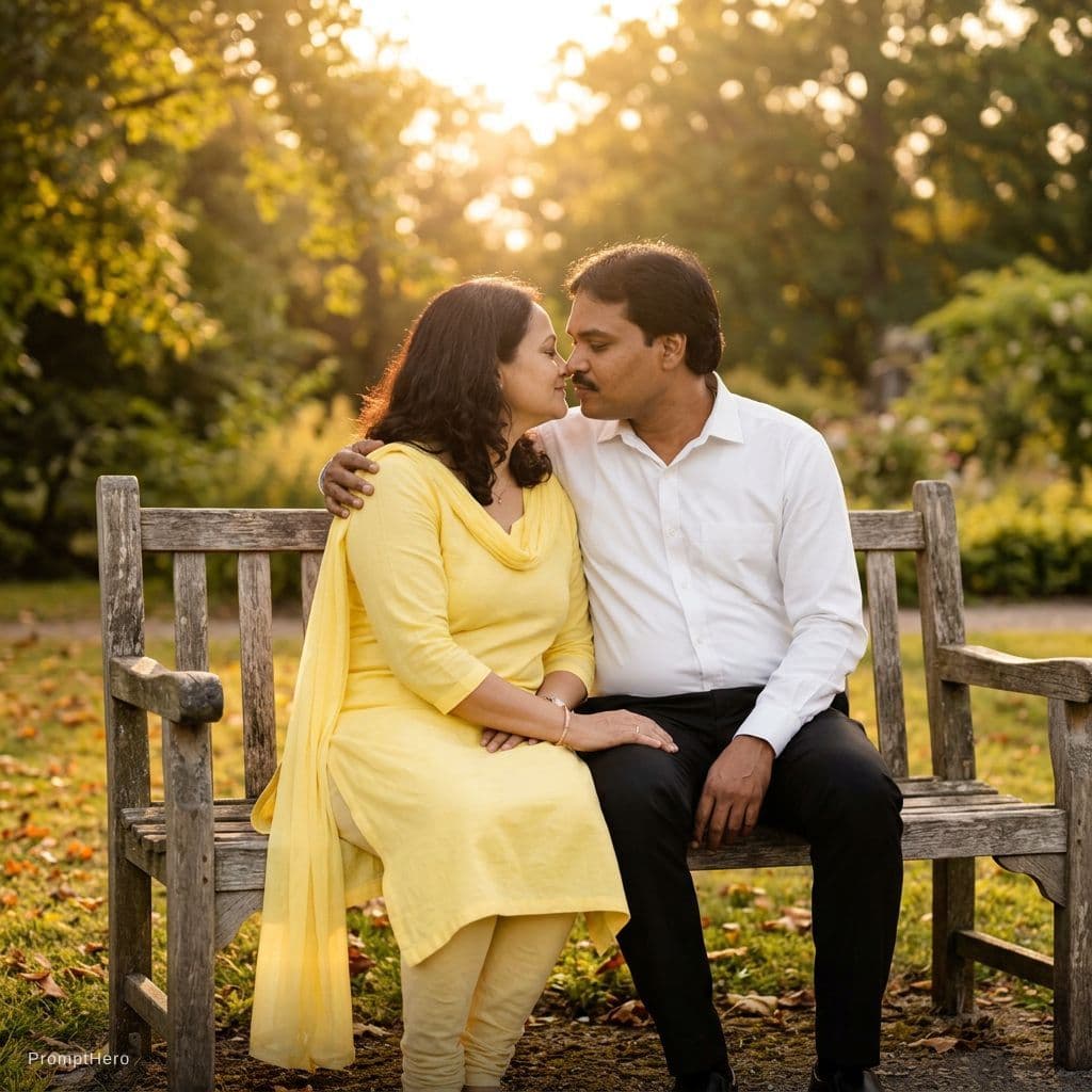 AI generated:  seated on bench  Holding each other’ solders in romentic mood, kissing pose