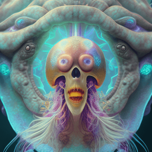 AI generated: Goddess close-up portrait ribcagel. jellyfish phoenix head, nautilus, orchid, skull, betta fish, bio...