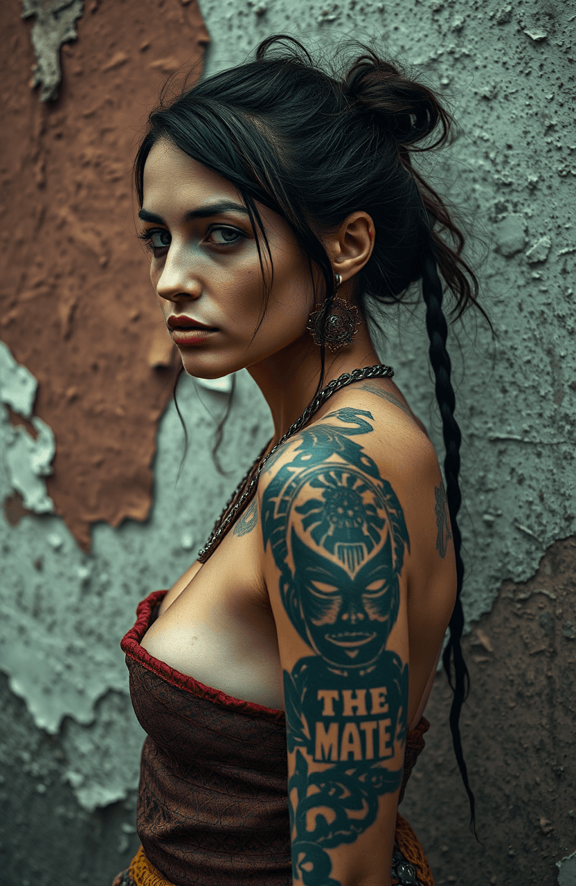 AI generated: A beautiful 40 yo woman, slender, tribal meets bohemian, tattoos, piercing, modern, textured peeling...
