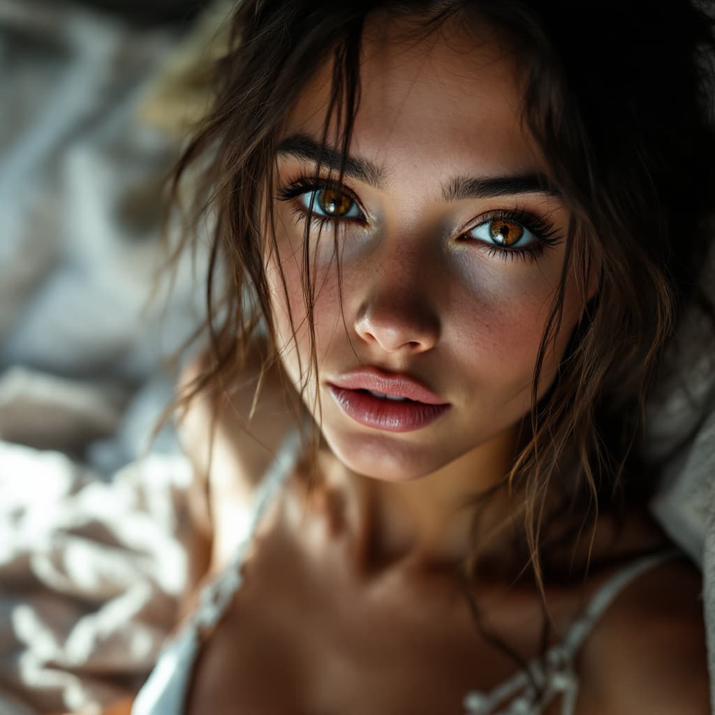 AI generated: latin 18yo skinny girl, cute face,white, large expressive brown eyes, She is wearing
 white string t...