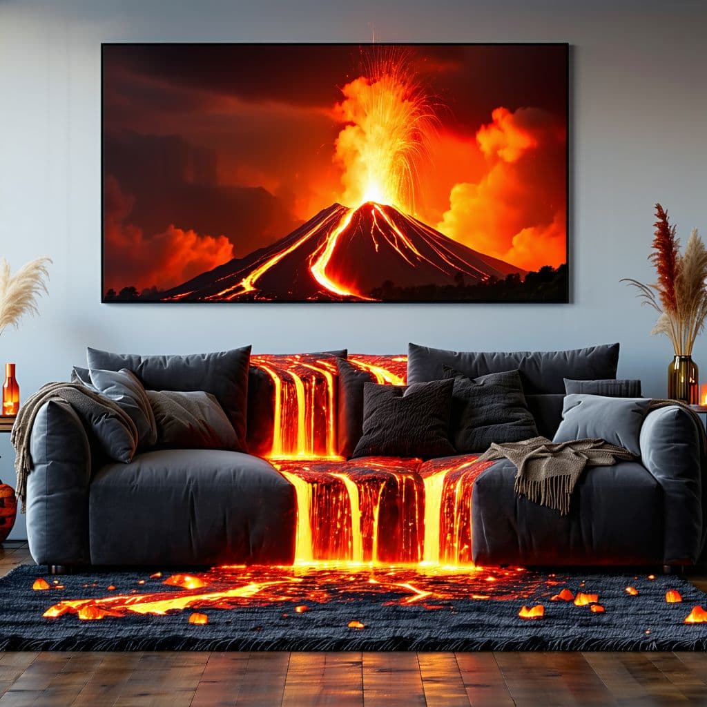 AI generated: A cozy living room features a soft sofa and a warm, textured rug. Above the couch hangs a dramatic p...