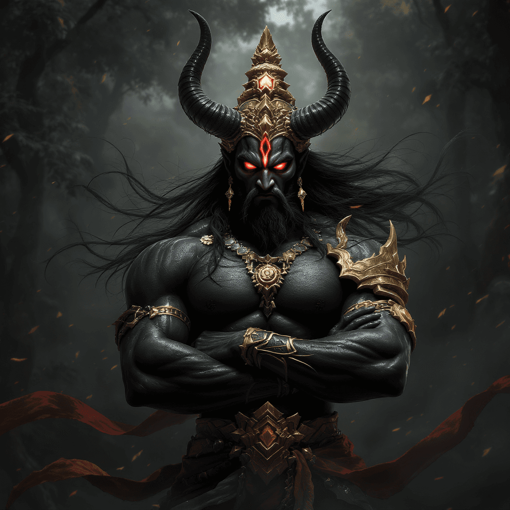 AI generated: A powerful Indian demon king (Banasura), standing proudly with folded arms, dark skin, glowing red e...