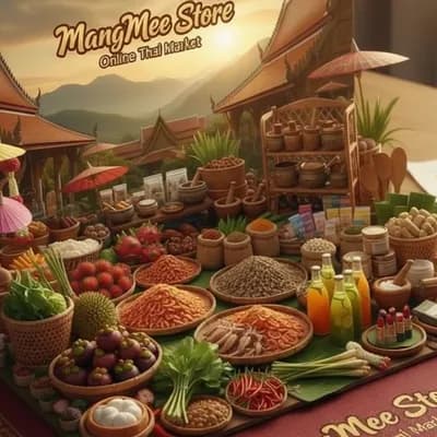 AI generated video: วิดีโอ 3D สมจริงสไตล์ภาพยนตร์ แสดงตลาดชนบทไทยตอนแสงเย็น มีร้านค้าแบบ “MangMee Store” ขายผลไม้ ผัก เค...