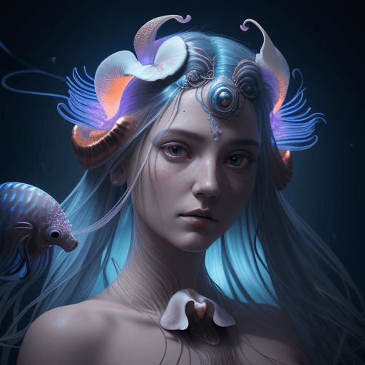 AI generated: Goddess close-up portrait ribcagel. jellyfish phoenix head, nautilus, orchid, skull, betta fish, bio...
