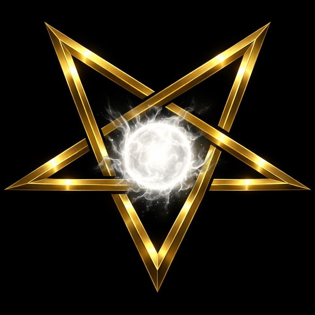 AI generated: Create a gold upside down pentagram and all points of the star are evenly spaced with a ball of whit...