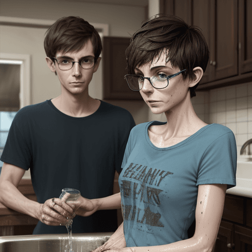 AI generated: a thin woman, her short brown pixie hair is disheveled. His T-shirt is short and half-tone blue. His...