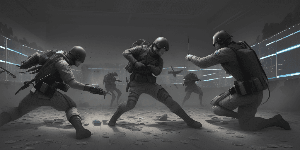 AI generated: software developers fighting, two sides of developers equipped with laptops and tech as weapons. Spl...