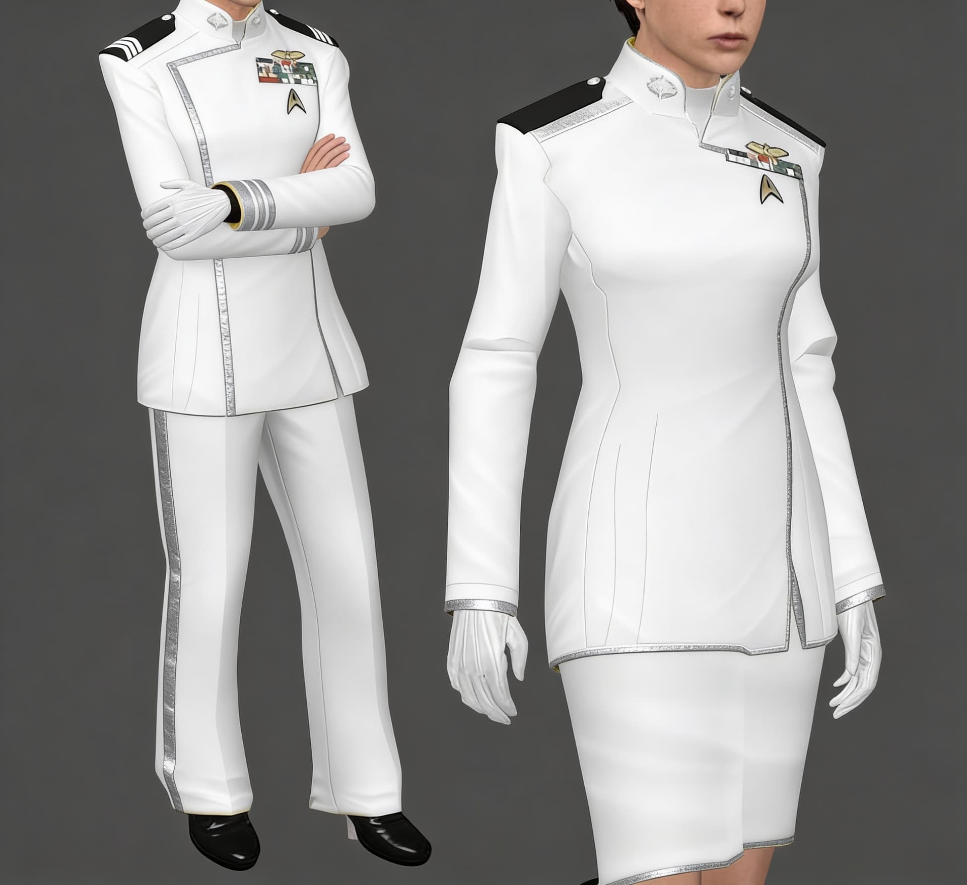 AI generated: Create a Sci-Fi uniform. Use the reference image and turn all white uniforms with silver trim. The c...