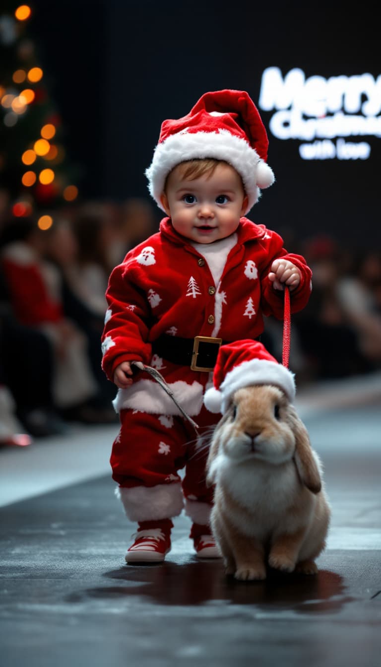 AI generated: A baby dressed in santa claus pajamas leads a pet bunny on a leash while walking at a Merry Christma...