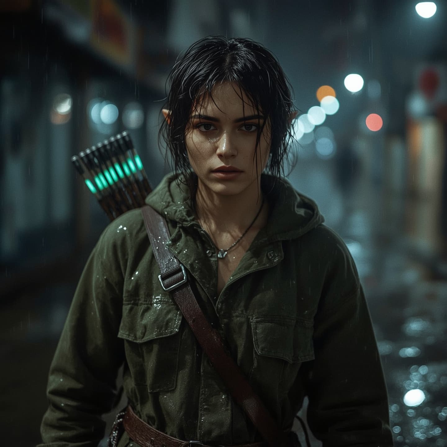 AI generated: Modern urban elven ranger, medium shot portrait at night in a rain-slick alley, olive and charcoal p...