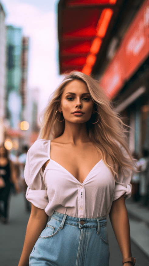 AI generated: a beautiful young blonde woman is walking down the street in istanbul and all the men are looking at...