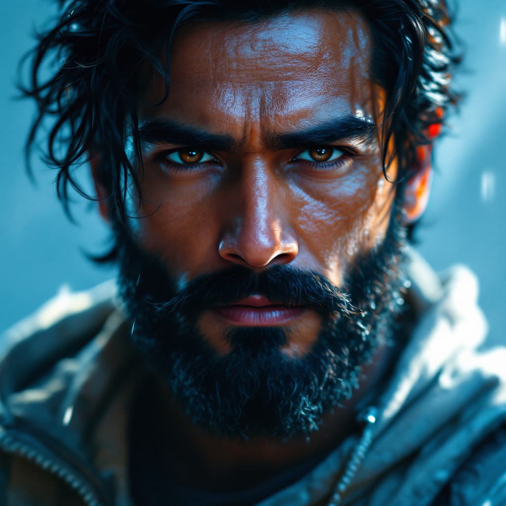 AI generated: movie poster, male indian gamer character aged 28 years with light beard in black, white and blue, i...