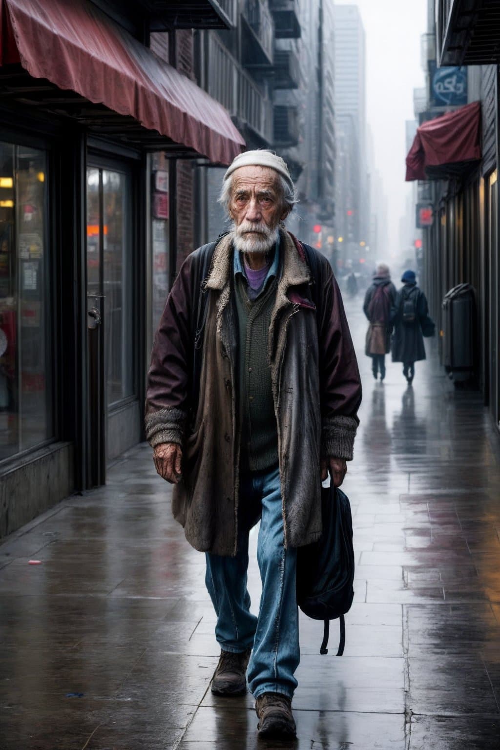 AI generated: Color high-resolution street photograph of an elderly homeless man with a sad expression walking dow...