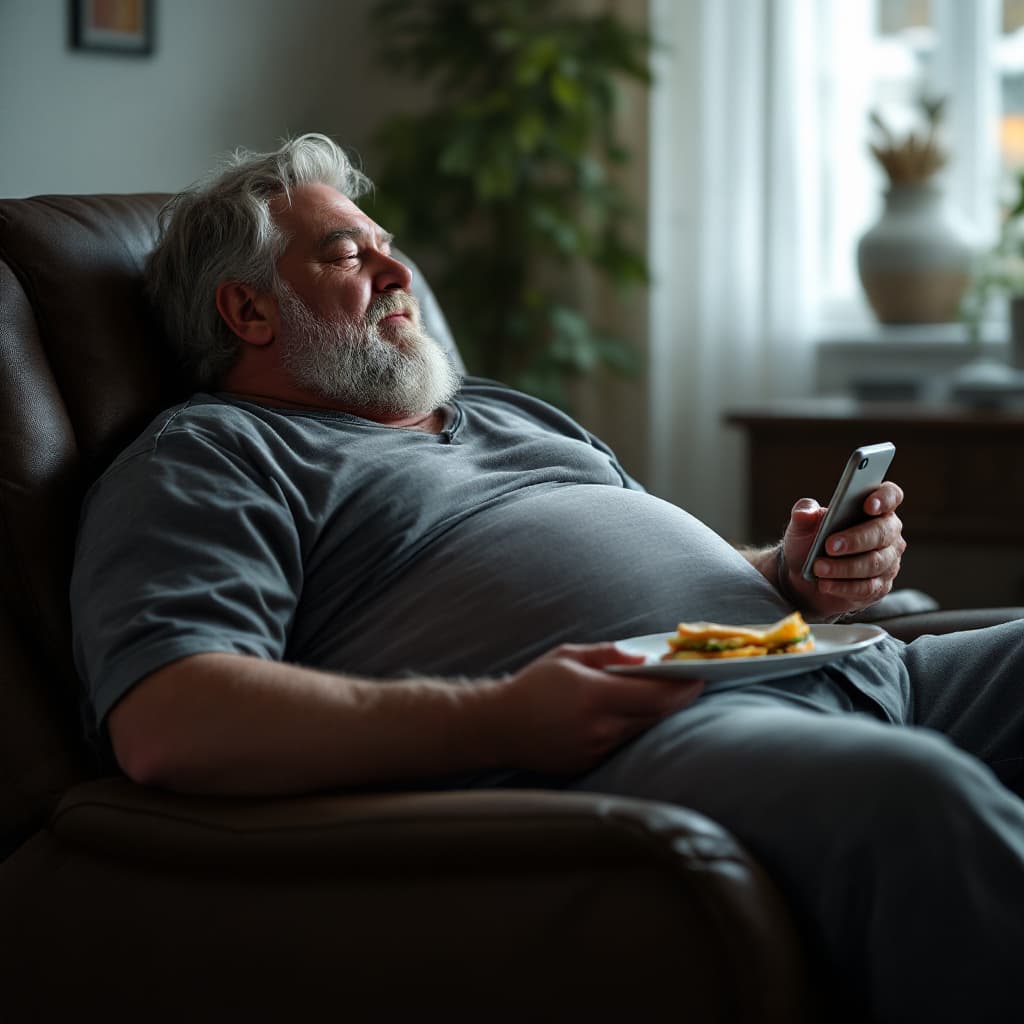 AI generated: Create a realistic 8k image of a scene with the camera pointing at a large man laying back in a recl...