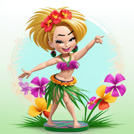 AI generated: Pixar Style, bobble head toy, beautiful, hawaiian hula dancer, laughing, grass skirt, Hawaiian Jumbo...