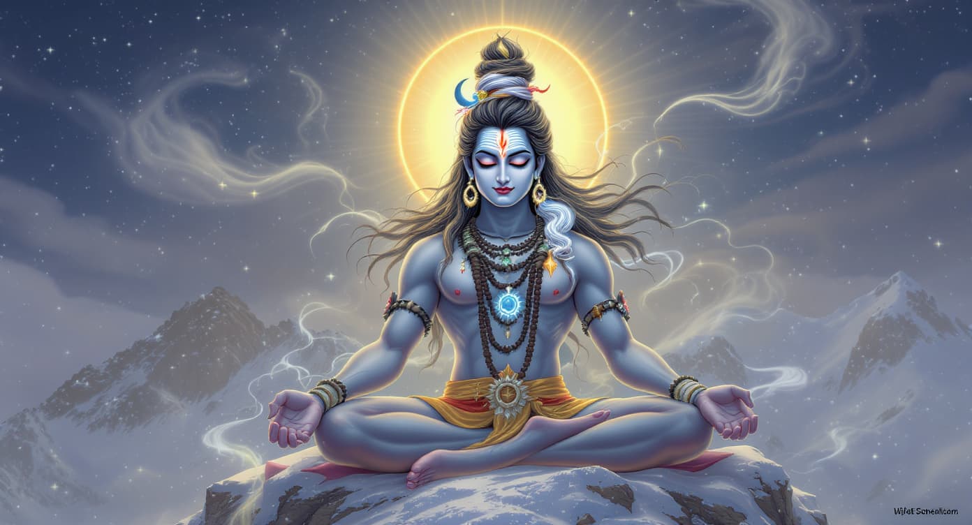 AI generated: Lord Shiva in deep padmasana meditation atop snow-covered Mount Kailash. ash-white complexion with p...