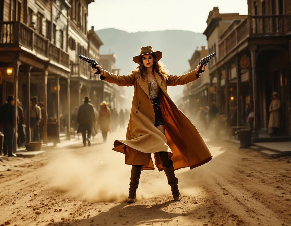 AI generated: On a dusty main street in a Wild West frontier town, a woman stands between rows of wooden buildings...