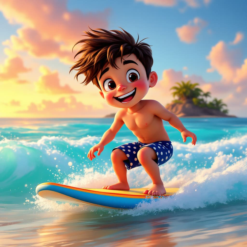 AI generated: A cute boy is surfing on the beach, in the style of Pixar, wearing blue shorts with white polka dots...