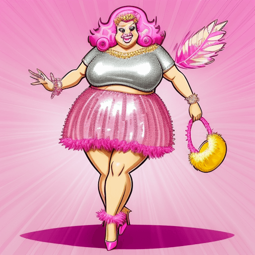 AI generated: Pink, sequin, Knee length tight skirt on a fat man, wearing pink rhinestone high heel pumps, cartoon...